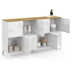 Buffet casier 139 cm 8 portes en métal blanc plateau bois design industriel