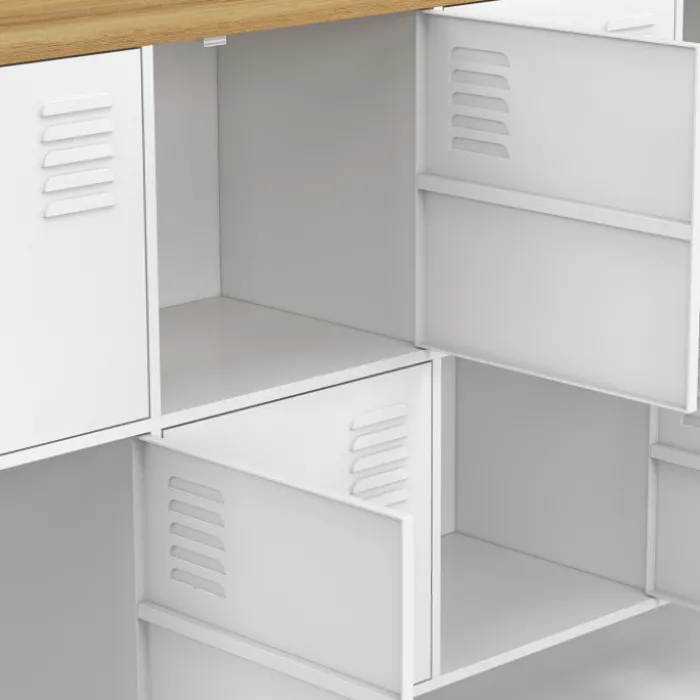 Buffet casier 139 cm 8 portes en métal blanc plateau bois design industriel