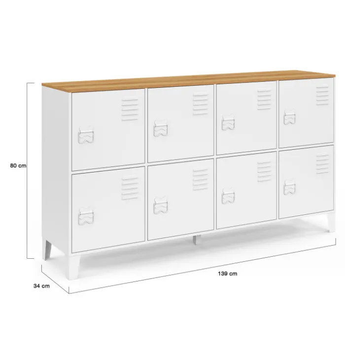 Buffet casier 139 cm 8 portes en métal blanc plateau bois design industriel