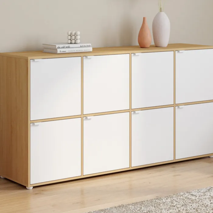Buffet casier 8 portes 139 cm blanc et bois