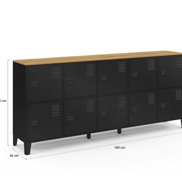 Buffet casier industriel 180 cm 10 portes en métal noir et plateau bois