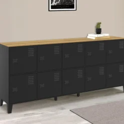 Buffet casier industriel 180 cm 10 portes en métal noir et plateau bois
