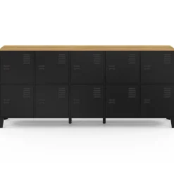 Buffet casier industriel 180 cm 10 portes en métal noir et plateau bois