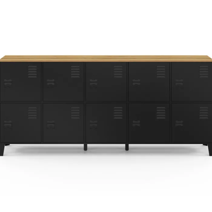 Buffet casier industriel 180 cm 10 portes en métal noir et plateau bois