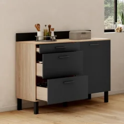 Buffet casserolier 120 cm 1 placard, 3 tiroirs et un plan de travail