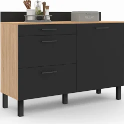 Buffet casserolier 120 cm 1 placard, 3 tiroirs et un plan de travail