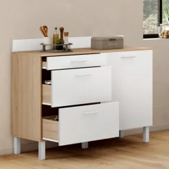 Buffet casserolier de cuisine 120 cm avec 1 porte et 3 tiroirs façon hêtre et blanc