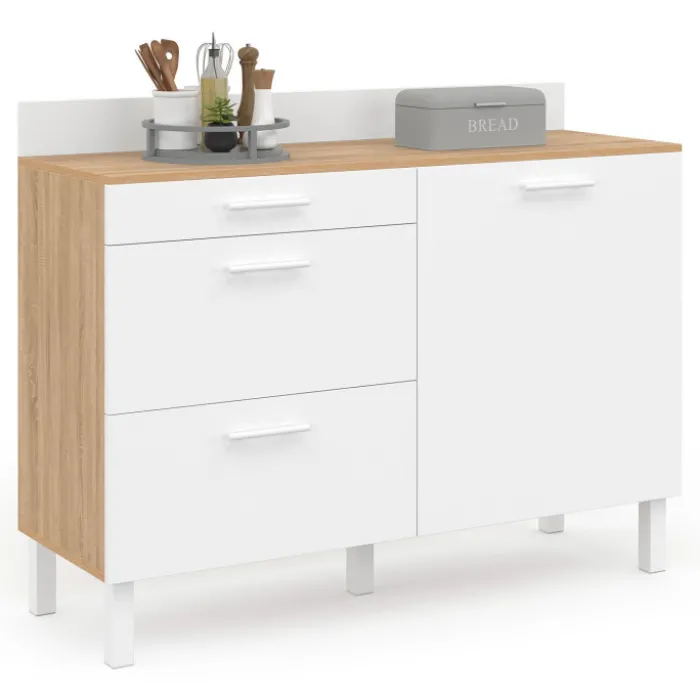 Buffet casserolier de cuisine 120 cm avec 1 porte et 3 tiroirs façon hêtre et blanc