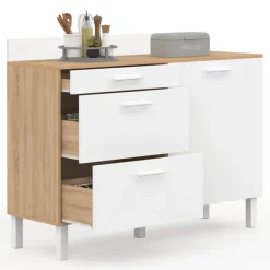 Buffet casserolier de cuisine 120 cm avec 1 porte et 3 tiroirs façon hêtre et blanc