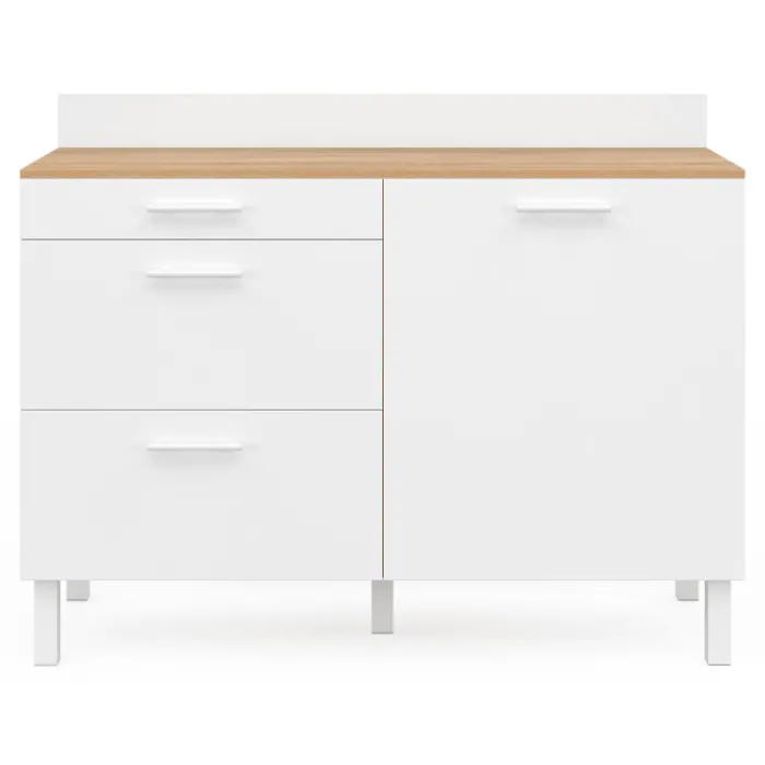 Buffet casserolier de cuisine 120 cm avec 1 porte et 3 tiroirs façon hêtre et blanc