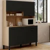 Buffet casserolier de cuisine 140 cm 5 portes et 3 tiroirs façon hêtre et noir