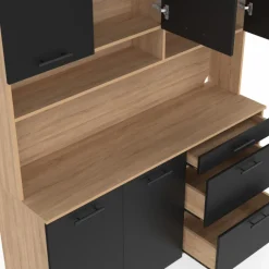Buffet casserolier de cuisine 140 cm 5 portes et 3 tiroirs façon hêtre et noir