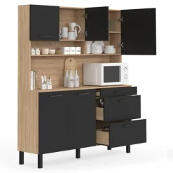 Buffet casserolier de cuisine 140 cm 5 portes et 3 tiroirs façon hêtre et noir