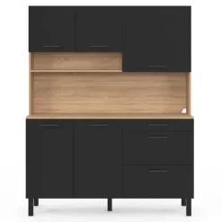 Buffet casserolier de cuisine 140 cm 5 portes et 3 tiroirs façon hêtre et noir