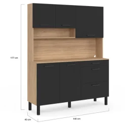 Buffet casserolier de cuisine 140 cm 5 portes et 3 tiroirs façon hêtre et noir