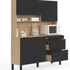 Buffet casserolier de cuisine 140 cm 5 portes et 3 tiroirs façon hêtre et noir