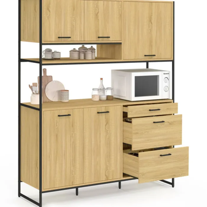 Buffet casserolier de cuisine 140 cm 5 portes + 3 tiroirs design industriel