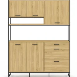 Buffet casserolier de cuisine 140 cm 5 portes + 3 tiroirs design industriel