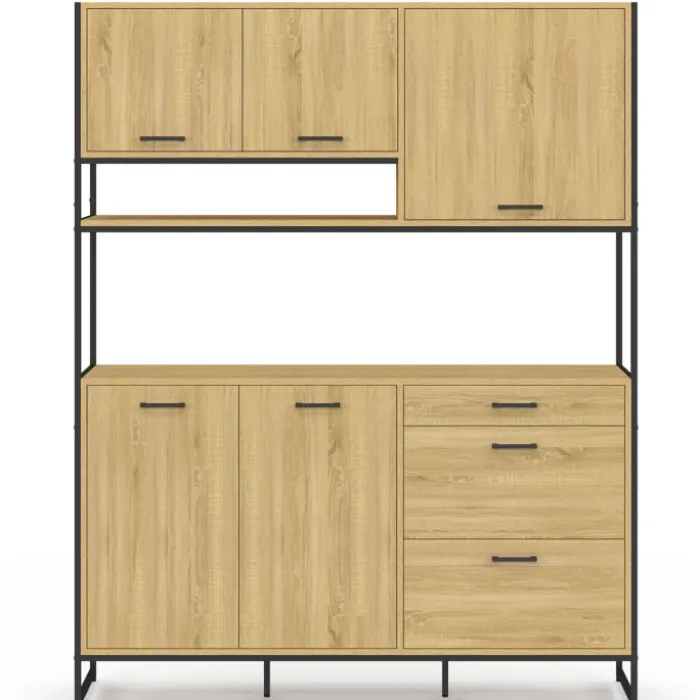 Buffet casserolier de cuisine 140 cm 5 portes + 3 tiroirs design industriel