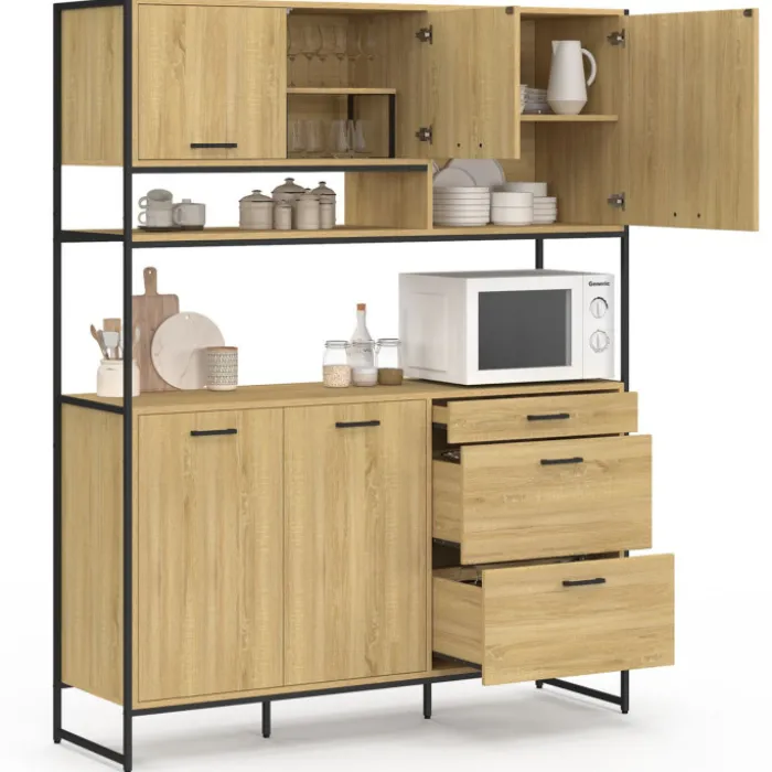 Buffet casserolier de cuisine 140 cm 5 portes + 3 tiroirs design industriel