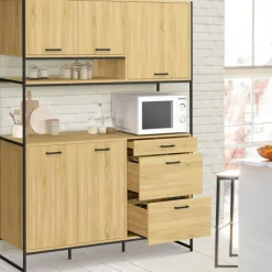 Buffet casserolier de cuisine 140 cm 5 portes + 3 tiroirs design industriel