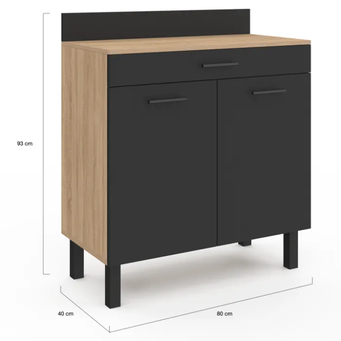 Buffet casserolier de cuisine de 80 cm avec 2 portes, 1 tiroir et un plan de travail façon hêtre