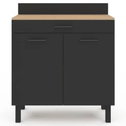 Buffet casserolier de cuisine de 80 cm avec 2 portes, 1 tiroir et un plan de travail façon hêtre