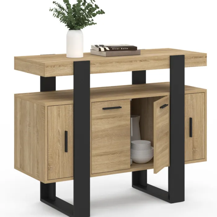 Buffet 100cm 4 portes bois et noir avec étagère