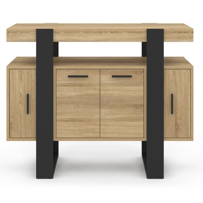 Buffet 100cm 4 portes bois et noir avec étagère