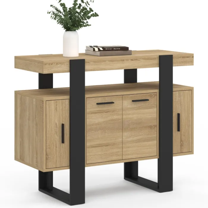 Buffet 100cm 4 portes bois et noir avec étagère