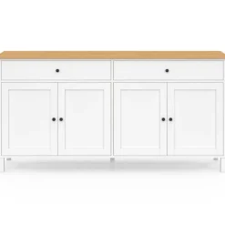Buffet 160cm 4 portes et 2 tiroirs blanc et plateau bois