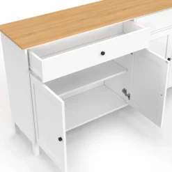 Buffet 160cm 4 portes et 2 tiroirs blanc et plateau bois