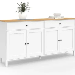 Buffet 160cm 4 portes et 2 tiroirs blanc et plateau bois