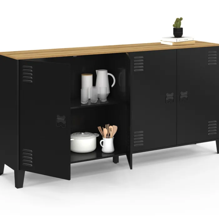 Buffet 160cm ESTER 4 portes en métal noir plateau bois design industriel