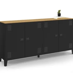 Buffet 160cm ESTER 4 portes en métal noir plateau bois design industriel