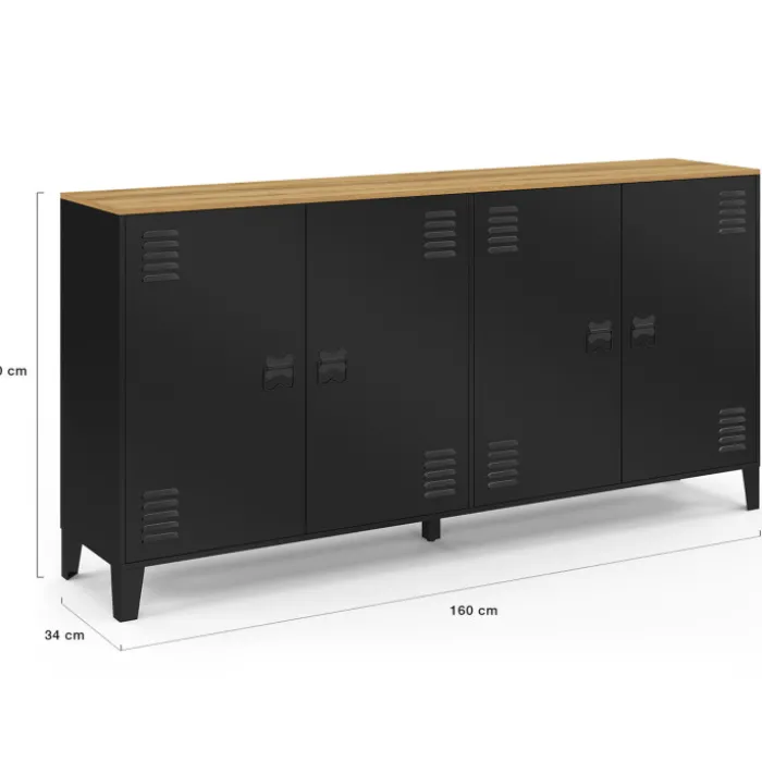 Buffet 160cm ESTER 4 portes en métal noir plateau bois design industriel