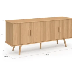 Buffet 140 cm 4 portes lattes tasseau bois coloris chêne design tendance