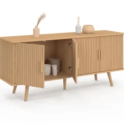 Buffet 140 cm 4 portes lattes tasseau bois coloris chêne design tendance