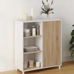 Buffet d'appoint 70 cm 3 étagères et 1 porte coulissante réversible blanc et bois montage facile