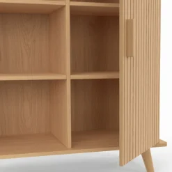 Buffet d'appoint 70 cm bois effet lattes et tasseau avec 3 étagères et placard