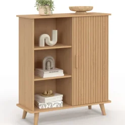 Buffet d'appoint 70 cm bois effet lattes et tasseau avec 3 étagères et placard