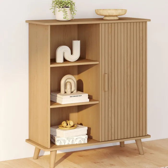 Buffet d'appoint 70 cm bois effet lattes et tasseau avec 3 étagères et placard