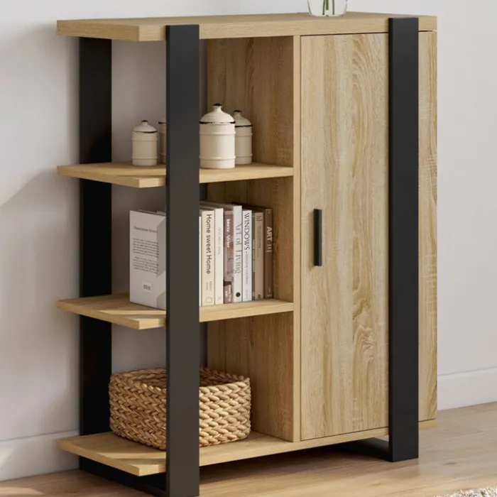 Buffet d'appoint 3 étagères et placard 70 cm bois et noir