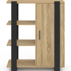 Buffet d'appoint 3 étagères et placard 70 cm bois et noir