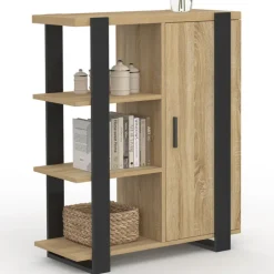 Buffet d'appoint 3 étagères et placard 70 cm bois et noir