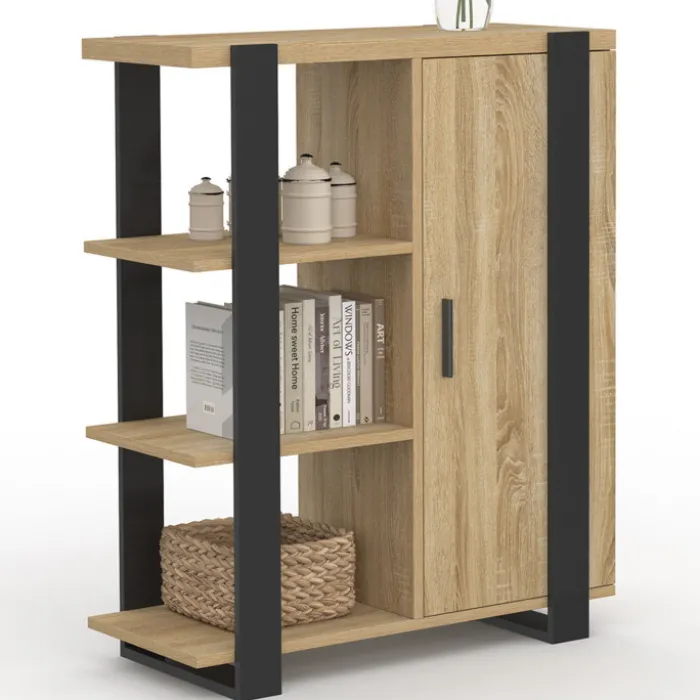 Buffet d'appoint 3 étagères et placard 70 cm bois et noir
