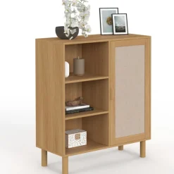Buffet d'appoint 3 étagères et placard 70 cm bois et effet lin