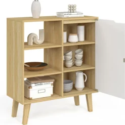 Buffet d'appoint 3 étagères et placard 70 cm blanc et bois façon hêtre