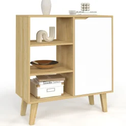 Buffet d'appoint 3 étagères et placard 70 cm blanc et bois façon hêtre
