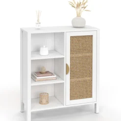 Buffet d'appoint 3 étagères et placard de 70 cm blanc avec cannage